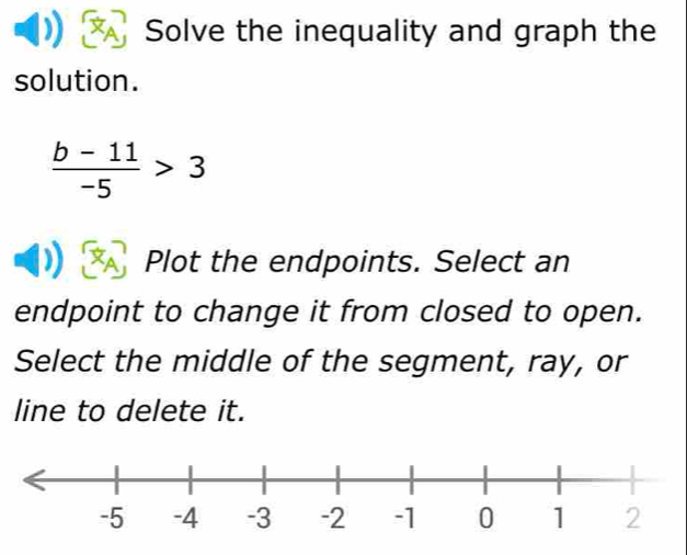 Solved: Solve the inequality and graph the solution. (b-11)/-5 >3 Plot ...