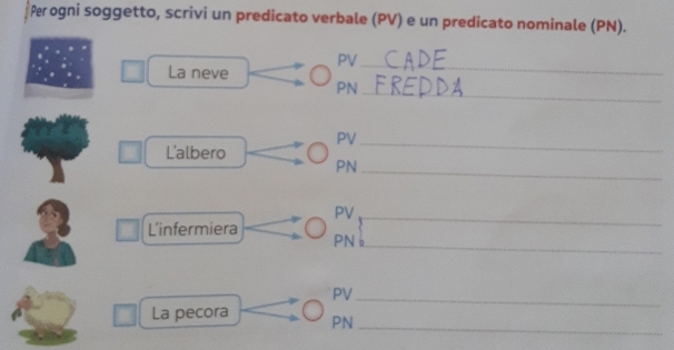 Per ogni soggetto, scrivi un predicato verbale (PV) e un predicato nominale (PN).
PV _ 
La neve
PN _
PV _ 
L'albero
PN _
PV _ 
L'infermiera
PN _
PV _ 
La pecora PN _