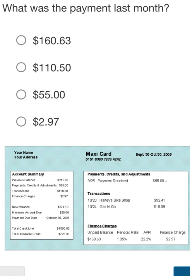 Solved: What was the payment last month? $160.63 $110.50 $55.00 $2.97 ...