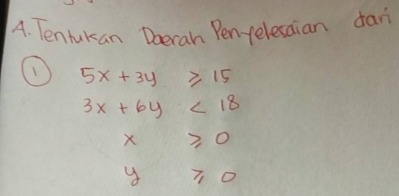 Tenlukan Doerah Penfelesaian dari 
① 5x+3y≥ 15
3x+6y<18</tex>
X
≥slant 0
7 0