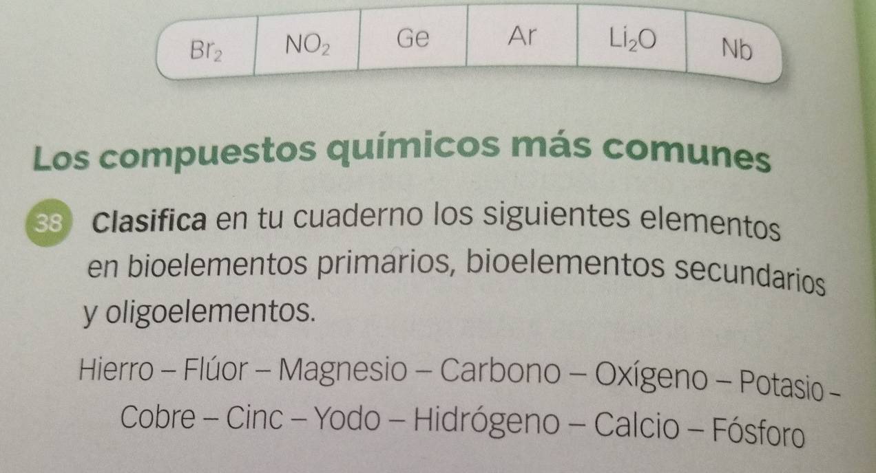 Ar
Br_2 NO_2 Ge Li_2O 
Nb 
Los compuestos químicos más comunes 
38 Clasifica en tu cuaderno los siguientes elementos 
en bioelementos primarios, bioelementos secundarios 
y oligoelementos. 
Hierro - Flúor - Magnesio - Carbono - Oxígeno - Potasio - 
Cobre - Cinc - Yodo - Hidrógeno - Calcio - Fósforo