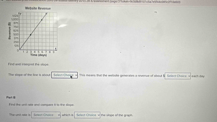 Find and interpret the slope. 
The slope of the line is about Select Choise This means that the website generates a revenue of about $ Select Choice v each day. 
Part B 
Find the unit rate and compare it to the slope. 
The unit rate is Select Choice , which is Select Choice the slope of the graph.