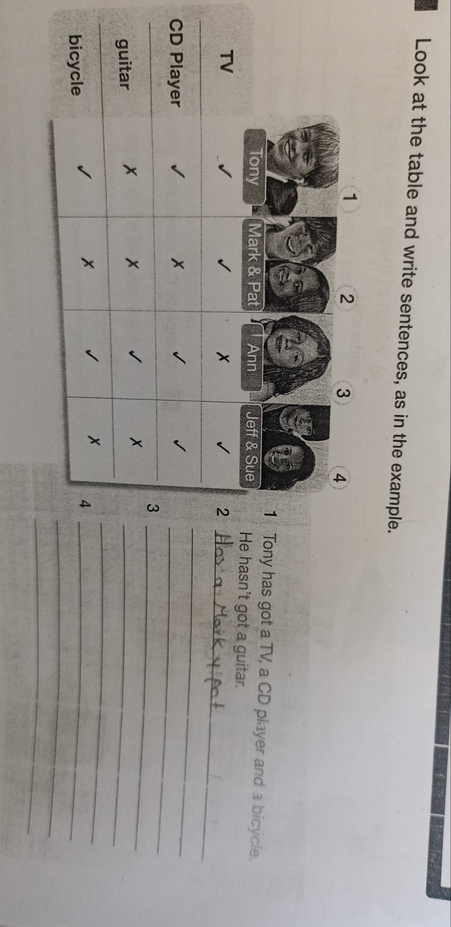 Look at the table and write sentences, as in the example.
y has got a TV, a CD player and a bicycle. 
hasn't got a guitar. 
_ 
_ 
_ 
_ 
_