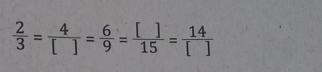  2/3 = 4/[] = 6/9 = []/15 = 14/[] 