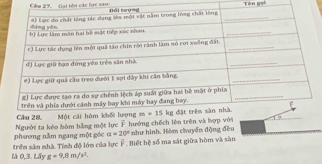 Câu 27, Gọi tên các lực sau: Tên gọi
Người ta kéo hòm bằng một lực vector F hướng chếch lên trên và hợp với
phương nằm ngang một góc alpha =20° như hình. Hòm chuyển động đều
trên sàn nhà. Tính độ lớn của lực vector F. Biết hệ số ma sát giữa hòm và sàn
là 0,3. Lấy g=9,8m/s^2.