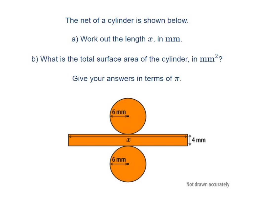 The net of a cylinder is shown below. 
a) Work out the length x, in mm. 
b) What is the total surface area of the cylinder, in mm^2 7 
Give your answers in terms of π. 
rately