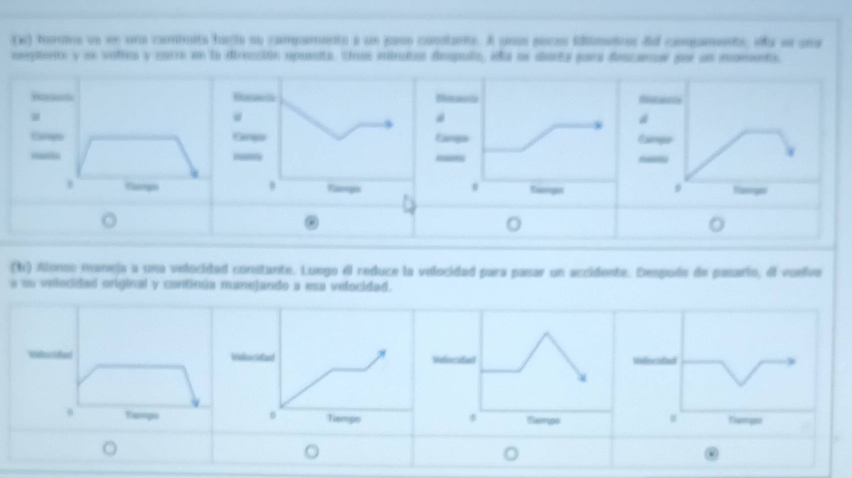 tomina ss en una cominaita farla au campamenta a un pans constante. A uuas poces idinatros del capamento, sa se pua 
cmptente y ne voltca y corre en la dirección opuesta. Uos minutos despuño, sa se darty para descancar por un momenta. 
E 
(b) Alonso maneja a una velocidad constante. Luego él reduce la velocidad para pasar un accidente. Después de pasario, el vuellve 
a su velocidad original y continúa manejando a esa velocidad. 
vatorifualV Veloc Ueferd 
Yumgo