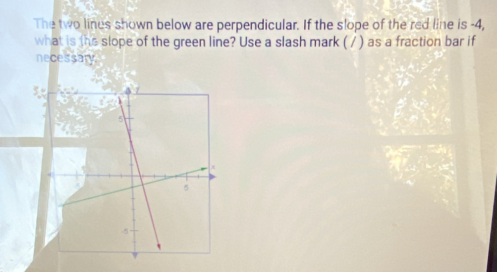 The two lines shown below are perpendicular. If the slope of the red line is -4, 
what is the slope of the green line? Use a slash mark ( / ) as a fraction bar if 
necessary