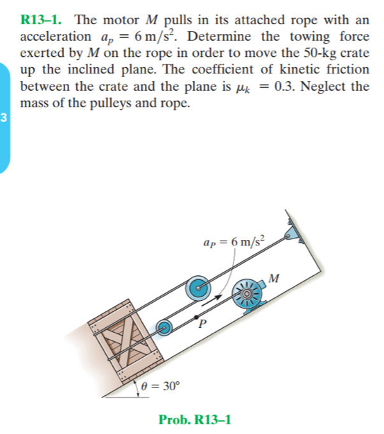 R13-1. The motor M pulls in its attached rope with an 
acceleration a_p=6m/s^2. Determine the towing force 
exerted by M on the rope in order to move the 50-kg crate 
up the inclined plane. The coefficient of kinetic friction 
between the crate and the plane is mu _k=0.3. Neglect the 
mass of the pulleys and rope. 
3 
A
a_P=6m/s^2
M
P
θ =30°
Prob. R13-1