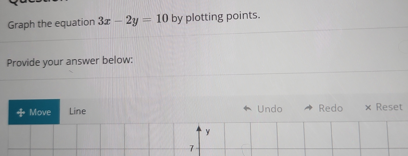 Graph the equation 3x-2y=10 by plotting points. 
Provide your answer below: 
Undo 
Move Line Redo × Reset
y
7