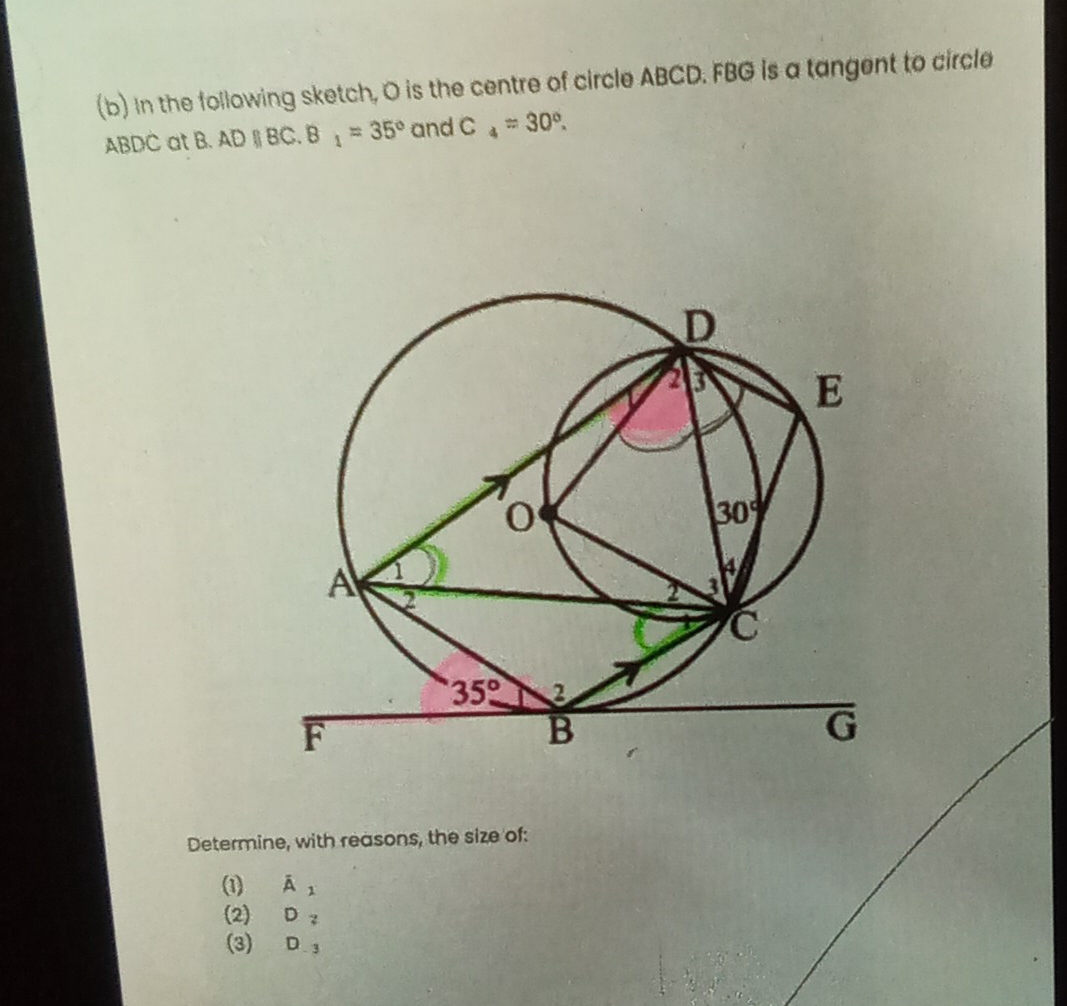 In the following sketch, O is the centre of circle ABCD. FBG is a tangent to circle
ABDC at B. ADparallel BC. B_1=35° and C 4=30°.
Determine, with reasons, the size of:
(1) overline A_1
(2) D_z
(3) D_-3