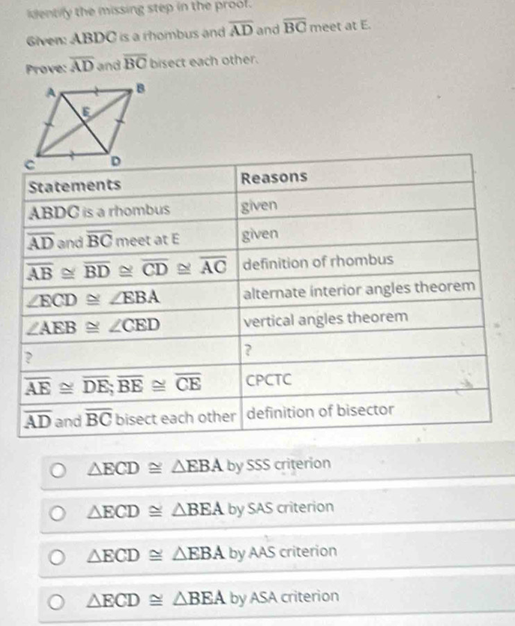 identify the missing step in the prool.
Given: ABDC is a rhombus and overline AD and overline BC meet at E.
Prove: overline AD and overline BC bisect each other.
Statements Reasons
ABDC is a rhombus given
overline AD and overline BC meet at E given
overline AB≌ overline BD≌ overline CD≌ overline AC definition of rhombus
∠ ECD≌ ∠ EBA alternate interior angles theorem
∠ AEB≌ ∠ CED vertical angles theorem
?
?
overline AE≌ overline DE; overline BE≌ overline CE CPCTC
overline AD and overline BC bisect each other definition of bisector
△ ECD≌ △ EBA by SSS criterion
△ ECD≌ △ BEA by SAS criterion
△ ECD≌ △ EBA by AAS criterion
△ ECD≌ △ BEA by ASA criterion