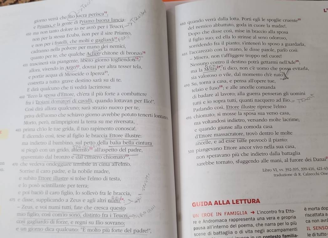 giorno verrà che llio Sacra perisca',
quando verrà dalla lotta. Porti egli le spoglie cruente"
e Priamo, e la gente di Priamo buona lancia:
as2 ma non tanto dolore io ne avrò per i Teucri, L
del nemico abbattuto, goda in cuore la madre!.
non per la stessa Ecuba, non per il sire Priamo,
Dopo che disse così, mise in braccio alla sposa
e non per i fratelli, che molti e gagliardi!
il figlio suo; ed ella lo strinse al seno odoroso,
cadranno nella polvere per mano dei nemici,
sorridendo fra il pianto; s'intener lo sposo a guardarla,
quanto per te, che qualche Acheo chitone di bronzo'" 4as l'accarezzó con la mano, le disse parole, parló cosí
ess trascinerà via piangente, libero giorno togliendoti'. - Misera, non t'affliggere troppo nel cuore!
Nessuno contro il destino potrà gettarmi nell'Ade²;
allora, vivendo in Argo9 , dovrai per altra tesser tela, ma la Moira*',ti dico, non c'e uomo che possa evitarla,
e portar acqua di Messeíde o Iperea²',
costretta a tutto: grave destino sarà su di te. sia valoroso o vile, dal momento ch'e nato
E dirà qualcuno che ti vedrá lacrimosa: 490 Su, torna a casa, e pensa all'opere tue,
##  *Ecco la sposa d'Ettore, ch'era il più forte a combattere telaio e fuso²"; e alle ancelle comanda
di badare al lavoro; alla guerra penseran gli uomini
fra i Troiani domatori di cavalli, quando lottavan per Ilio!".
Cosi dirà allora qualcuno; sará strazio nuovo per te, tutti e io sopra tutti, quanti nacquero ad Ilio.
Parlando cosí, Ettore illustre riprese l'elmo
priva dell'uomo che schiavo giorno avrebbe potuto tenerti lontan
Morto, però, m'imprigioni la terra su me riversata, 495 chiomato; si mosse la sposa sua verso casa,
ma voltandosi indietro, versando molte lacrime;
ss prima ch'io le tue grida, il tuo rapimento conosca!.
e quando giunse alla comoda casa
E dicendo così, tese al figlio le braccia Ettore illustre:
d'Ettore massacratore, trovò dentro le molte
ma indietro il bambino, sul petto della balia bella cintura ancelle, e ad esse tutte provocó il pianto:
si piegó con un grido, atterrito* all'aspetto del padre,
500 piangevano Ettore ancor vivo nella sua casa,
spaventato dal bronzo e dal cimiero chiomato²,
non speravano più che indietro dalla battaglia
on  he vedeva ondeggiare terribile in cima all'elmo.
sarebbe tornato, sfuggendo alle mani, al furore dei Danai
a. Sorrise il caro padre, e la nobile madre,
Libro VI, vv. 392-395, 399-416, 421-43
traduzione di R. Calzecchi One
e subito Ettore illustre si tolse l'elmo di testa,
e lo pososcintillante per terra;
e poi bació il caro figlio, lo sollevó fra le braccia,
o e disse, supplicando a Zeus e agli altri numi² :
GUïDA ALLA LETTÜRA
- Zeus, e voi numi tutti, fate che cresca questo è morta dop
mio figlio, così com'io sono, distinto fra i Teucri,
UN EROE IN FAMIGLIA → L'incontro fra Étto-
cosi gagliardo di forze, e regni su Ilio sovrano;
re e Andromaca rappresenta una vera e propria riscattata a
e un giorno dica qualcuno: "É molto più forte del padre!',
pausa all'interno del poema, che narra per lo più ca non avrà
scene di battaglia o di vita negli accampamenti IL SENSO
tes o familia le di tutto