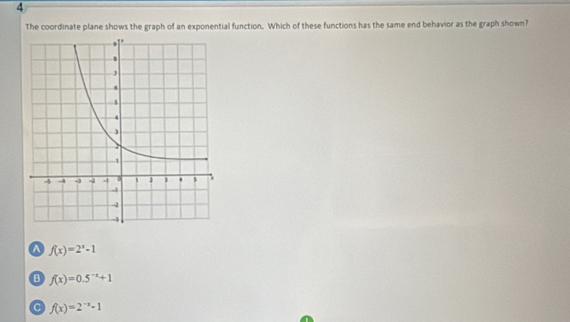 The coordinate plane shows the graph of an exponential function. Which of these functions has the same end behavior as the graph shown?
a f(x)=2^x-1
B f(x)=0.5^(-x)+1
C f(x)=2^(-x)-1