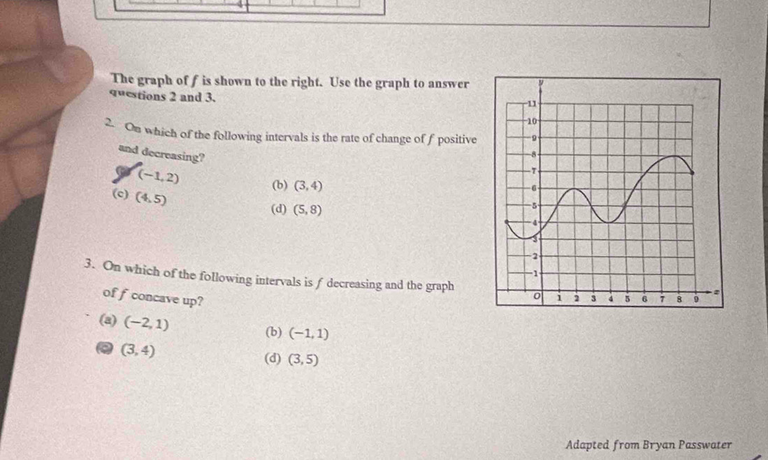 The graph of f is shown to the right. Use the graph to answer
questions 2 and 3.
2. On which of the following intervals is the rate of change of f positive
and decreasing?
(-1,2)
(b) (3,4)
(c) (4,5)
(d) (5,8)
3. On which of the following intervals is f decreasing and the graph
of f concave up?
(a) (-2,1)
(b) (-1,1)
(3,4) (d) (3,5)
Adapted from Bryan Passwater