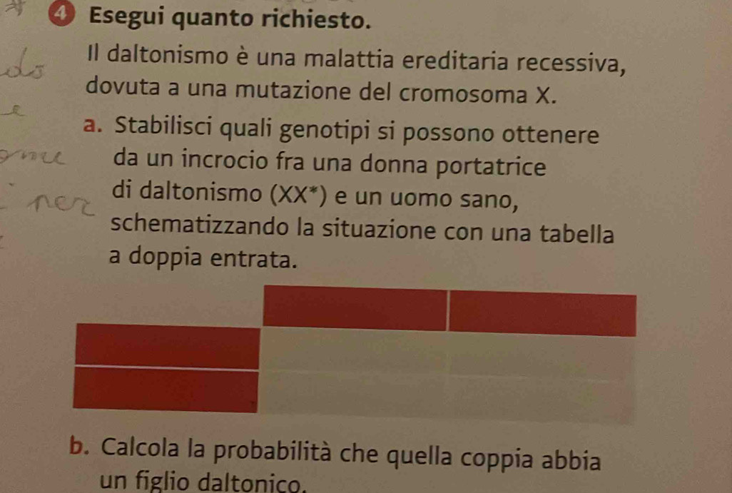 ④ Esegui quanto richiesto. 
Il daltonismo è una malattia ereditaria recessiva, 
dovuta a una mutazione del cromosoma X. 
a. Stabilisci quali genotipi si possono ottenere 
da un incrocio fra una donna portatrice 
di daltonismo (XX*) e un uomo sano, 
schematizzando la situazione con una tabella 
a doppia entrata. 
b. Calcola la probabilità che quella coppia abbia 
un figlio daltonico.