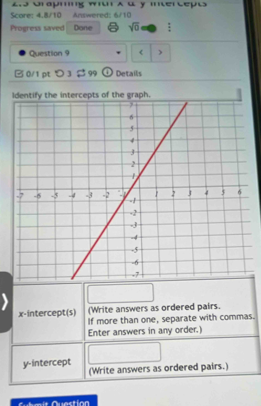 Grapming with x α ymntercepts 
Score: 4.8/10 Answered: 6/10 
Progress saved Done sqrt(0) : 
Question 9 < > 
0/1pt つ 3 $ 99 ① Details 
Identify the intercepts of the graph. 
x-intercept(s) (Write answers as ordered pairs. 
If more than one, separate with commas. 
Enter answers in any order.) 
y-intercept 
(Write answers as ordered pairs.)