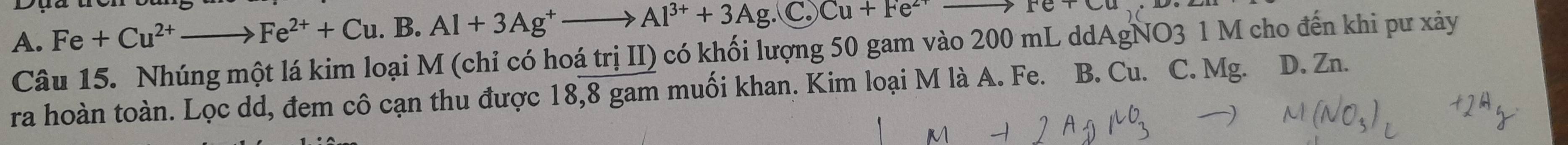 A. Fe+Cu^(2+)to Fe^(2+)+Cu.B.Al+3Ag^+to Al^(3+)+3Ag. C Cu+Fe^2to Fe+Cu
Câu 15. Nhúng một lá kim loại M (chỉ có hoá trị II) có khối lượng 50 gam vào 200 mL ddAgNO3 1 M cho đến khi pư xảy
ra hoàn toàn. Lọc dd, đem cô cạn thu được 18,8 gam muối khan. Kim loại M là A. Fe. B. Cu. C. Mg. D. Zn.