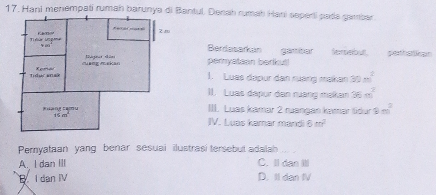 Hani menempati rumah barunya di Bantul. Denah rumah Hani seperti pada gambar.
Berdasarkan gambar tersebut. pertalikan
peryataan berikut!
I. Luas dapur dan rưang makan 30m^2
I. Luas dapur dan rưang makan 36m^2
III. Luas kamar 2 ruangan kamar fdur 3m^2
IV. Luas kamar mandi 8m^2
Pemyataan yang benar sesuai ilustrasi tersebut adalah ...
A. I dan III C. Il dan III
B I dan IV D. II dan IV