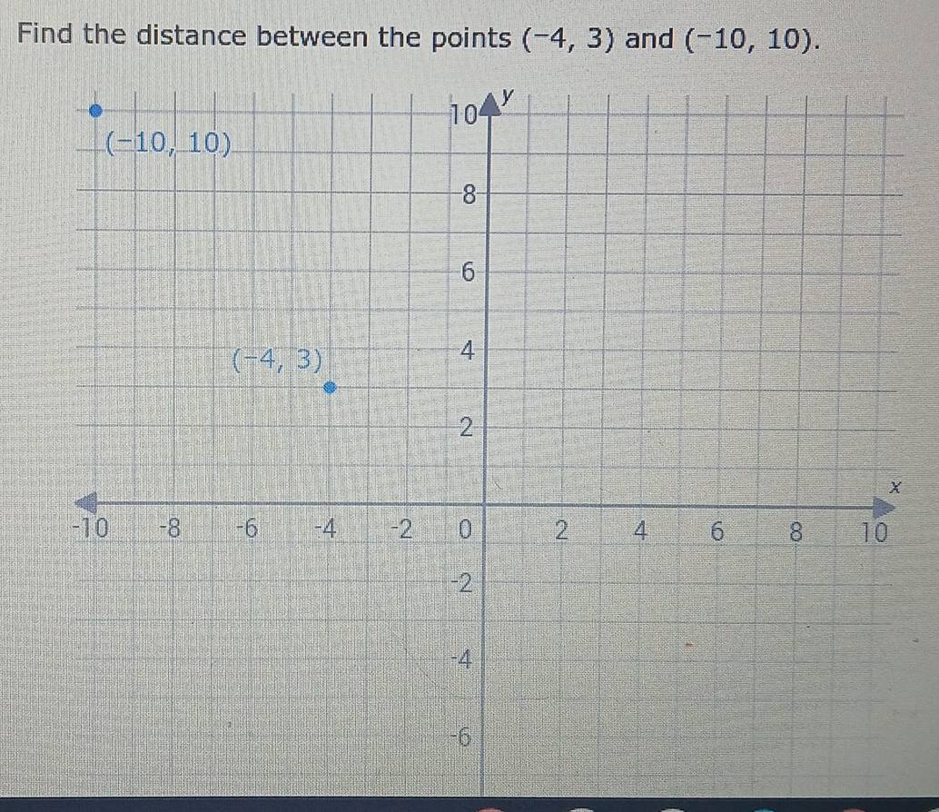 Find the distance between the points (-4,3) and (-10,10).