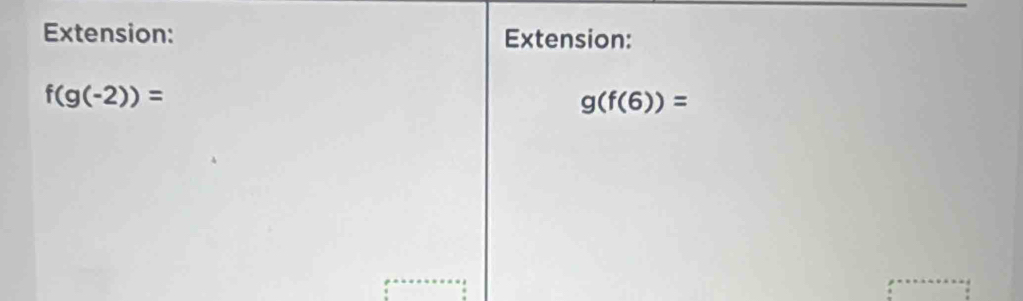 Extension: Extension:
f(g(-2))=
g(f(6))=