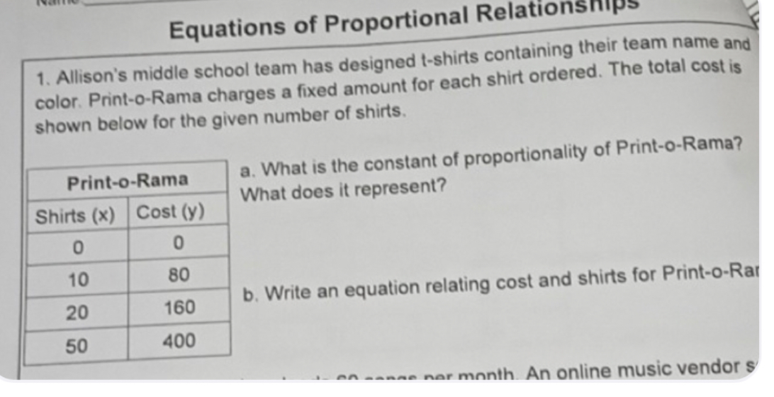 Equations of Proportional Relationships 
1. Allison's middle school team has designed t-shirts containing their team name and 
color. Print-o-Rama charges a fixed amount for each shirt ordered. The total cost is 
shown below for the given number of shirts. 
a. What is the constant of proportionality of Print-o-Rama? 
What does it represent? 
b. Write an equation relating cost and shirts for Print-o-Rar 
hr month. An online music vendor s