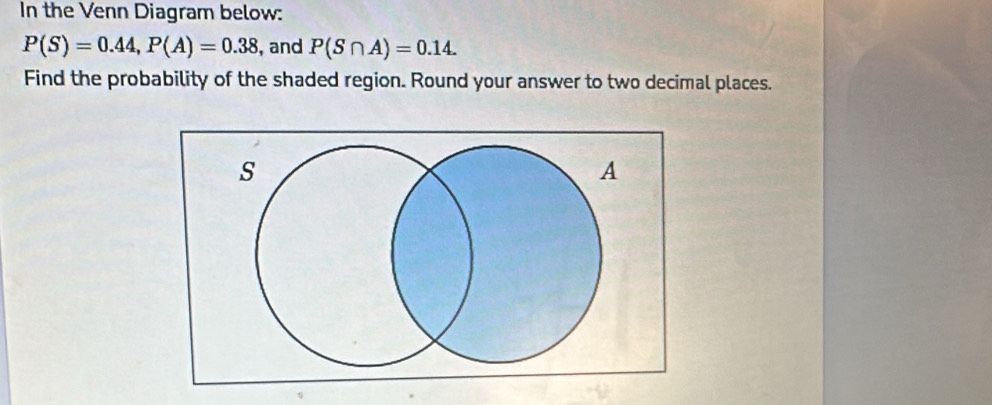 In the Venn Diagram below:
P(S)=0.44, P(A)=0.38 , and P(S∩ A)=0.14. 
Find the probability of the shaded region. Round your answer to two decimal places.