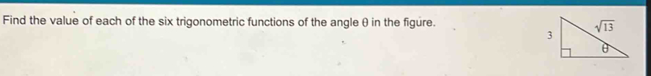 Find the value of each of the six trigonometric functions of the angle θ in the figure.