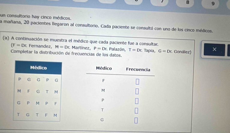 8 9 
un consultorio hay cinco médicos. 
la mañana, 20 pacientes llegaron al consultorio. Cada paciente se consultó con uno de los cinco médicos. 
(a) A continuación se muestra el médico que cada paciente fue a consultar.
(F=Dr Fernandez, M=Dr. . Martínez, P=Dr. Palazón, T=Dr. Tapia, G=Dr : Gonález) × 
Completar la distribución de frecuencias de los datos.