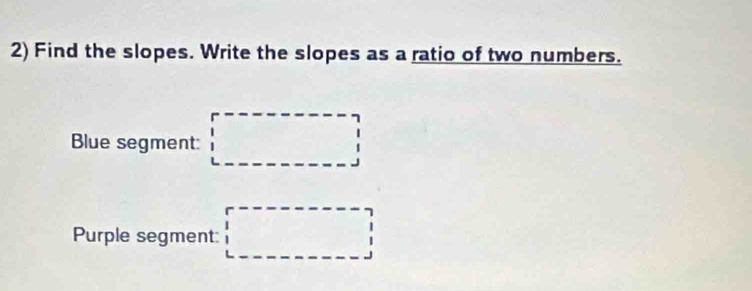 Find the slopes. Write the slopes as a ratio of two numbers. 
Blue segment: □
Purple segment: □