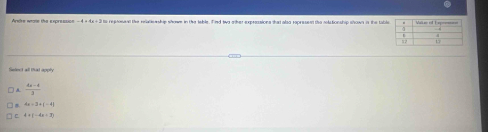 Andre wrote the expression -4+4x+3 to represent the relationship shown in the table. Find two other expressions that also represent the relationship shown in the tabl
Select all that apply
A.  (4x-4)/3 
B. 4x-3+(-4)
C. 4+(-4x+3)