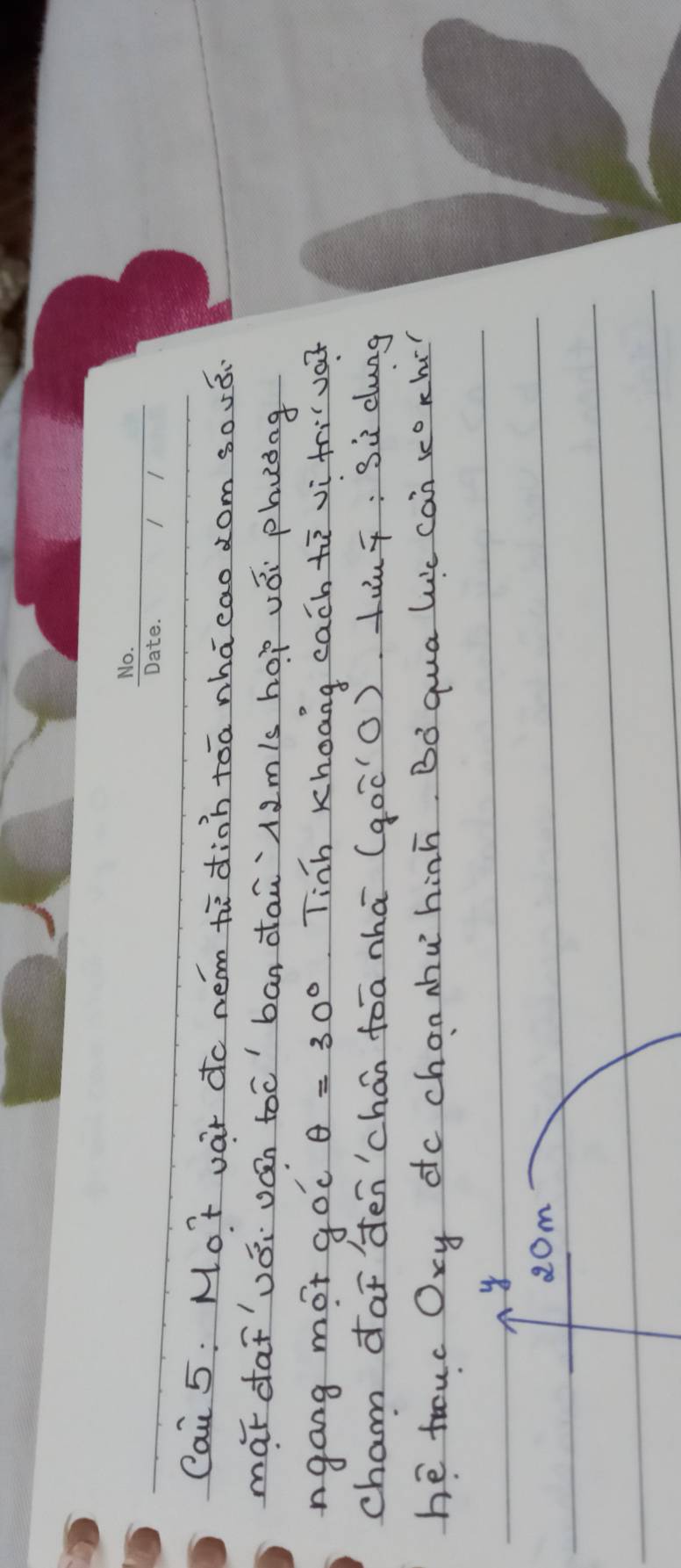 Cau 5: Mo't var do nem te dinh tóā nhā cao ¢om sová. 
maǐdafvái ván toc' `bān dan `1. 2mis hop vái phuing 
ngang mot goc θ =30° Tinh Khoang cach tù vì triva? 
cham daf denchán fóa nhā (goc'O) Lin: Sù clung 
he touc Ory dc chanhuhih. Bó qua lue can xorhí 
y
20m