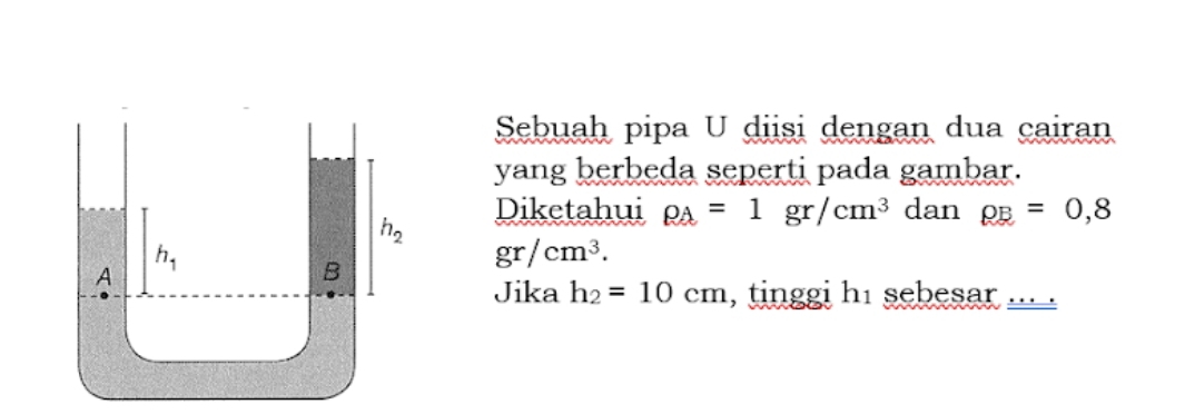 Sebuah pipa U diisi dengan dua çairan
yang berbeda seperti pada gambar.
Diketahui rho _A=1gr/cm^3 dan rho _B=0,8
gr/cm^3.
Jika h_2=10cm , tinggi h1 sebesar ... .