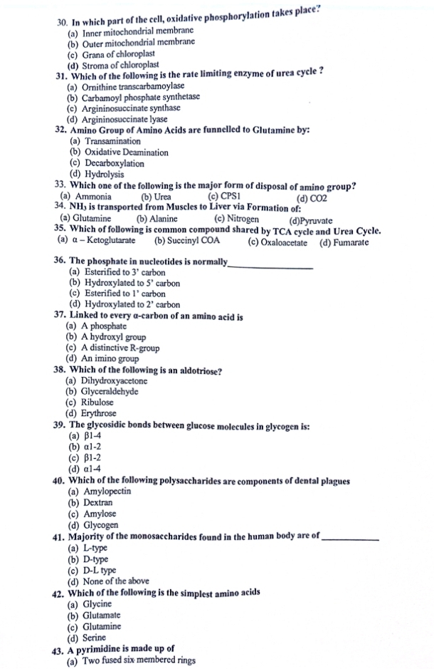 In which part of the cell, oxidative phosphorylation takes place?
(a) Inner mitochondrial membrane
(b) Outer mitochondrial membrane
(c) Grana of chloroplast
(d) Stroma of chloroplast
31. Which of the following is the rate limiting enzyme of urea cycle ?
(a) Ornithine transcarbamoylase
(b) Carbamoyl phosphate synthetase
(c) Argininosuccinate synthase
(d) Argininosuccinate lyase
32. Amino Group of Amino Acids are funnelled to Glutamine by:
(a) Transamination
(b) Oxidative Deamination
(c) Decarboxylation
(d) Hydrolysis
33. Which one of the following is the major form of disposal of amino group?
(a) Ammonia (b) Urea (c) CPS1
34. NH3 is transported from Muscles to Liver via Formation of: (d) CO2
(a) Glutamine (b) Alanine (c) Nitrogen (d)Pyruvate
35. Which of following is common compound shared by TCA cycle and Urea Cycle.
(a) α - Ketoglutarate (b) Succinyl COA (c) Oxaloacetate (d) Fumarate
36. The phosphate in nucleotides is normally
(a) Esterified to 3' carbon
_
(b) Hydroxylated to 5' carbon
(c) Esterified to 1’ carbon
(d) Hydroxylated to 2' carbon
37. Linked to every α-carbon of an amino acid is
(a) A phosphate
(b) A hydroxyl group
(c) A distinctive R-group
(d) An imino group
38. Which of the following is an aldotriose?
(a) Dihydroxyacetone
(b) Glyceraldehyde
(c) Ribulose
(d) Erythrose
39. The glycosidic bonds between glucose molecules in glycogen is:
(a) β1-4
(b) a1-2
(c) β1-2
(d) α1-4
40. Which of the following polysaccharides are components of dental plagues
(a) Amylopectin
(b) Dextran
(c) Amylose
(d) Glycogen
41. Majority of the monosaccharides found in the human body are of_
(a) L-type
(b) D-type
(c) D-L type
(d) None of the above
42. Which of the following is the simplest amino acids
(a) Glycine
(b) Glutamate
(c) Glutamine
(d) Serine
43. A pyrimidine is made up of
(a) Two fused six membered rings