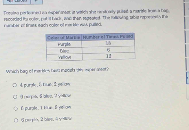 Frosina performed an experiment in which she randomly pulled a marble from a bag,
recorded its color, put it back, and then repeated. The following table represents the
number of times each color of marble was pulled.
Which bag of marbles best models this experiment?
4 purple, 5 blue, 2 yellow
6 purple, 6 blue, 2 yellow
6 purple, 1 blue, 9 yellow
6 purple, 2 blue, 4 yellow