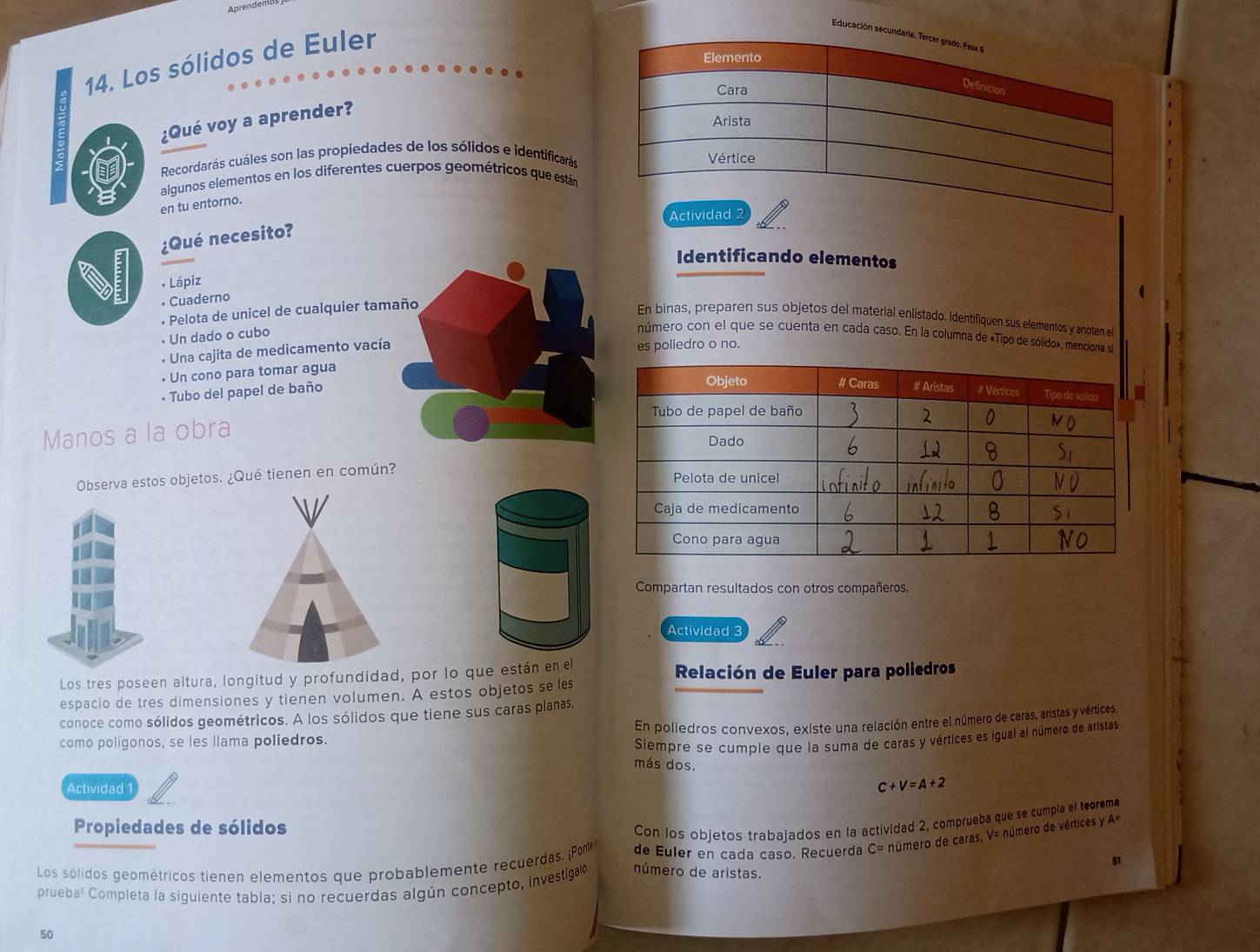 Educación secunda
14. Los sólidos de Euler
.
¿Qué voy a aprender?
Recordarás cuáles son las propiedades de los sólidos e identificarás
algunos elementos en los diferentes cuerpos geométricos que están
en tu entorno.
¿Qué necesito?
Identificando elementos
* Lápiz
4
• Cuaderno
• Pelota de unicel de cualquier tamaño
En binas, preparen sus objetos del material enlistado. Identifiquen sus elementos y anoten e
• Un dado o cubo
número con el que se cuenta en cada caso. En la columna de «Tipo de sólido», menciona si
* Una cajita de medicamento vacía
es poliedro o no.
• Un cono para tomar agua
• Tubo del papel de baño
Manos a la obra
Observa estos objetos. ¿Qué tienen en común?
Compartan resultados con otros compañeros.
Actividad 3
Los tres poseen altura, longitud y profundidad, por lo que están en el  Relación de Euler para poliedros
espacio de tres dimensiones y tienen volumen. A estos objetos sele
conoce como sólidos geométricos. A los sólidos que tiene sus caras planas,
En poliedros convexos, existe una relación entre el número de caras, aristas y vértices,
como polígonos, se les llama poliedros.
Siempre se cumple que la suma de caras y vértices es igual al número de aristas
más dos.
Actividad 1
C+V=A+2
Propiedades de sólidos
Con los objetos trabajados en la actividad 2, comprueba que se cumpla el teorema
Los sólidos geométricos tienen elementos que probablemente recuerdas. ¡Ponte de Euler en cada caso. Recuerda C= número de caras, V= número de vértices y A==
51
pruebal Completa la siguiente tabla; si no recuerdas algún concepto, investígal número de aristas.
50