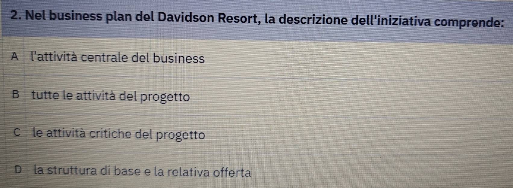 Nel business plan del Davidson Resort, la descrizione dell'iniziativa comprende:
A l'attività centrale del business
Bâ tutte le attività del progetto
Côle attività critiche del progetto
Dé la struttura di base e la relativa offerta