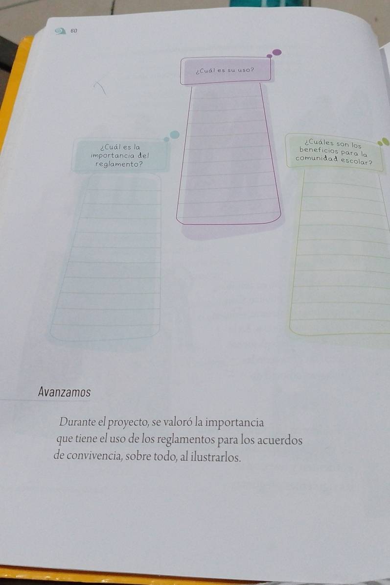 60 
¿Cuál es su uso? 
¿Cuál es la 
¿Cuáles son los 
beneficios para la 
mportancia del 
comunidad escolar? 
reglamento? 
Avanzamos 
Durante el proyecto, se valoró la importancia 
que tiene el uso de los reglamentos para los acuerdos 
de convivencia, sobre todo, al ilustrarlos.