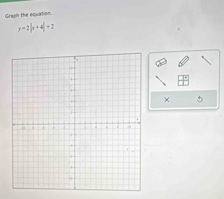 Graph the equation.
y=2|x+4|+2
×