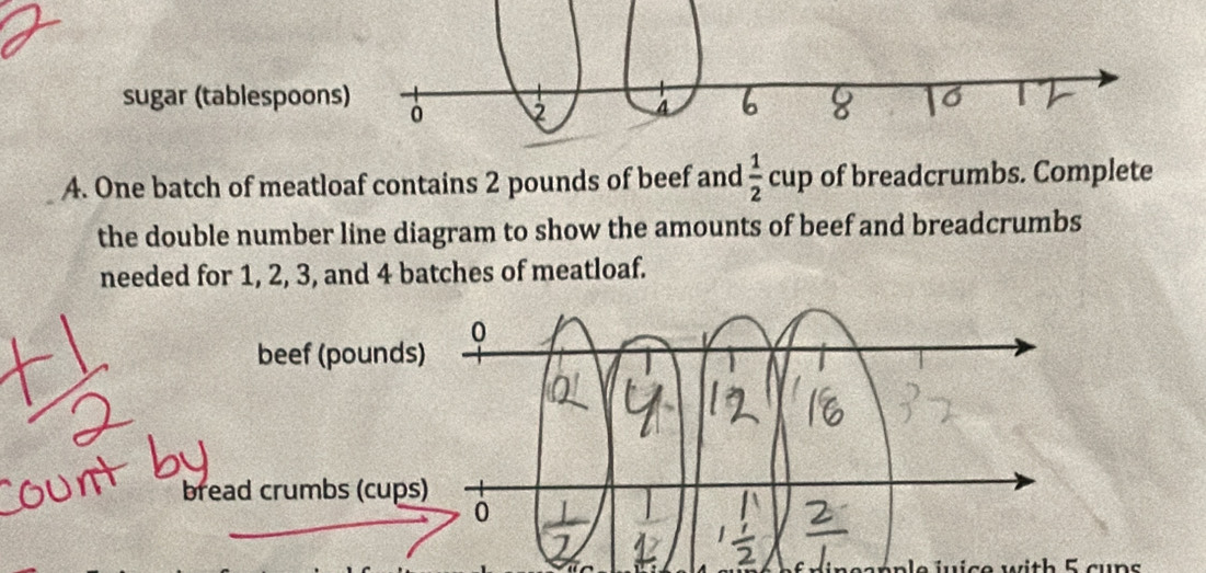 sugar (tablespoon 
4. One batch of meatloaf contains 2 pounds of beef and  1/2 cuj D of breadcrumbs. Complete 
the double number line diagram to show the amounts of beef and breadcrumbs 
needed for 1, 2, 3, and 4 batches of meatloaf. 
beef (pounds
bread crumbs (cups 
with 5 cuns