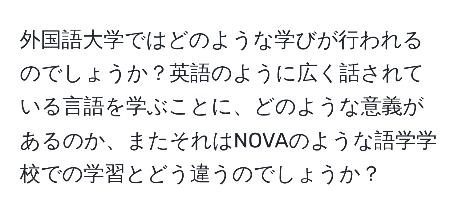 外国語大学ではどのような学びが行われるのでしょうか？英語のように広く話されている言語を学ぶことに、どのような意義があるのか、またそれはNOVAのような語学学校での学習とどう違うのでしょうか？