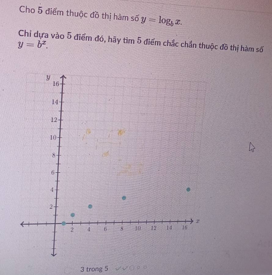 Cho 5 điểm thuộc đồ thị hàm số y=log _bx. 
Chỉ dựa vào 5 điểm đó, hãy tìm 5 điểm chắc chắn thuộc đồ thị hàm số
y=b^x. 
3 trong 5