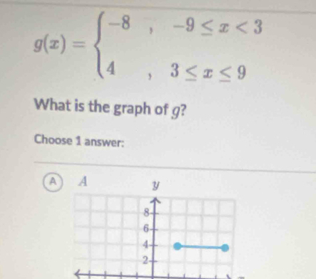 g(x)=beginarrayl -8,-9≤ x<3 4,3≤ x≤ 9endarray.
What is the graph of g? 
Choose 1 answer: 
A