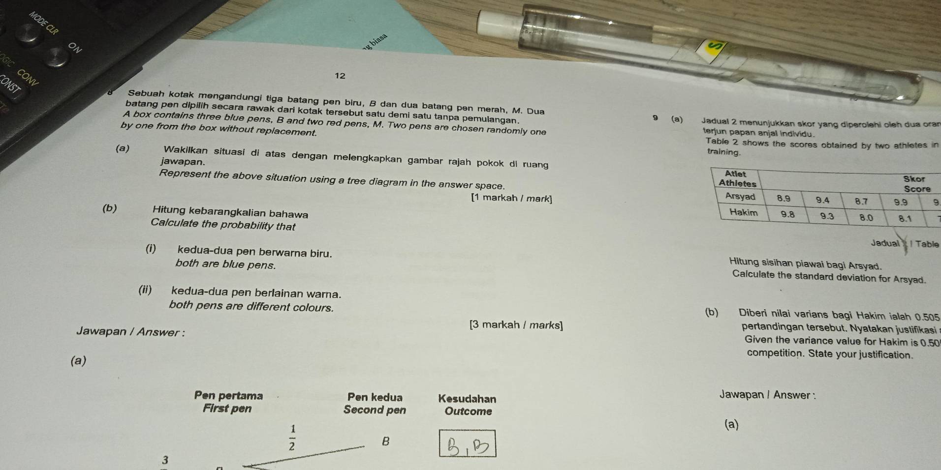 ODE 
a 
12 
ONST 
Sebuah kotak mengandungi tiga batang pen biru, B dan dua batang pen merah, M. Dua 9
batang pen dipilih secara rawak dari kotak tersebut satu demi satu tanpa pemulangan. (a) Jadual 2 menunjukkan skor yang diperolehi oleh dua orar 
A box contains three blue pens, B and two red pens, M. Two pens are chosen randomly one terjun papan anjal individu. 
by one from the box without replacement. 
Table 2 shows the scores obtained by two athletes in 
training. 
(a) Wakilkan situasi di atas dengan melengkapkan gambar rajah pokok dl ruang 
jawapan. 
Represent the above situation using a tree diagram in the answer space. 
[1 markah / mark] 
(b) Hitung kebarangkalian bahawa 
Calculate the probability that 
Jadual Table 
both are blue pens. 
Hitung sisihan piawai bagi Arsyad. 
(i) kedua-dua pen berwarna biru. Calculate the standard deviation for Arsyad. 
(ii) kedua-dua pen berlainan warna. 
both pens are different colours. 
(b) Diberi nilai varians bagi Hakim ialah 0.505
[3 markah / marks] pertandingan tersebut. Nyatakan justifikasi 
Jawapan / Answer : Given the variance value for Hakim is 0.50
(a) 
competition. State your justification. 
Pen pertama Pen kedua Kesudahan 
Jawapan / Answer: 
First pen Second pen Outcome
 1/2 
(a) 
B
3