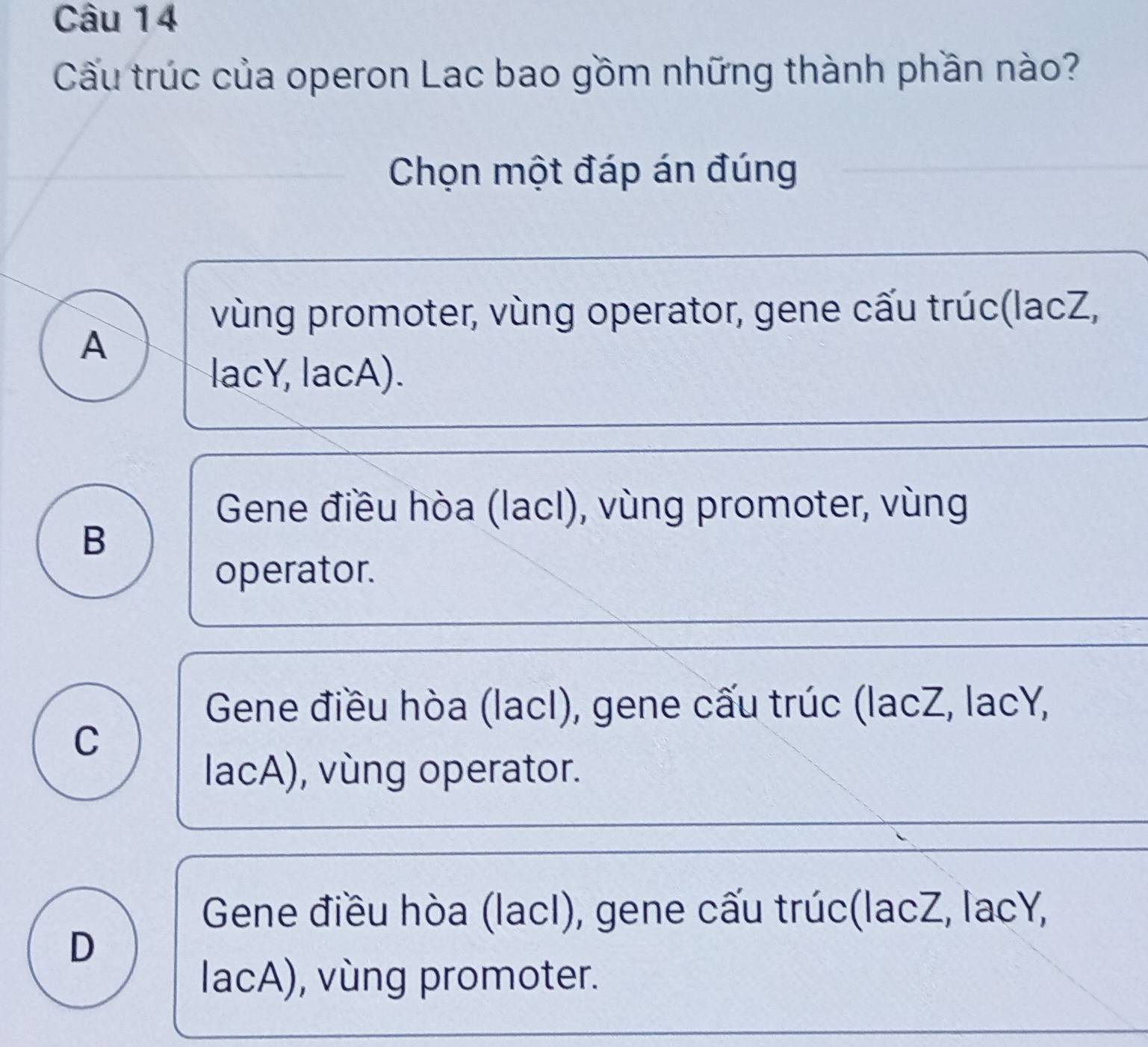 Cấu trúc của operon Lac bao gồm những thành phần nào?
Chọn một đáp án đúng
vùng promoter, vùng operator, gene cấu trúc(lacZ,
A
lacY, lacA).
Gene điều hòa (lacI), vùng promoter, vùng
B
operator.
Gene điều hòa (lacI), gene cấu trúc (lacZ, lacY,
C
lacA), vùng operator.
Gene điều hòa (lacI), gene cấu trúc(lacZ, lacY,
D
lacA), vùng promoter.