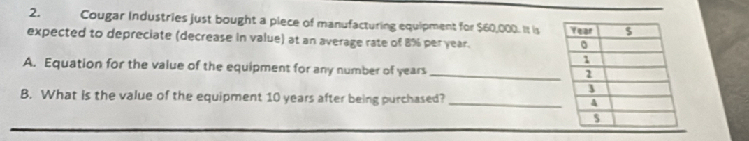 Cougar Industries just bought a piece of manufacturing equipment for $60,000. It is 
expected to depreciate (decrease in value) at an average rate of 8% per year. 
A. Equation for the value of the equipment for any number of years _ 
B. What is the value of the equipment 10 years after being purchased? _