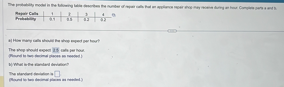 The probability model in the following table describes the number of repair calls that an appliance repair shop may receive during an hour. Complete parts a and b. 
a) How many calls should the shop expect per hour? 
The shop should expect 2.5 calls per hour. 
(Round to two decimal places as needed.) 
b) What is the standard deviation? 
The standard deviation is □. 
(Round to two decimal places as needed.)