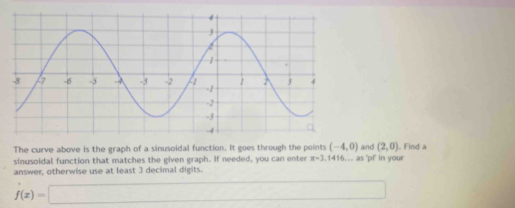 The curve above is the graph of a sinusoidal function. It goes through the points (-4,0) and (2,0). Find a 
sinusoidal function that matches the given graph. If needed, you can enter π =3. .1416.. as 'pi' in your 
answer, otherwise use at least 3 decimal digits.
f(x)=□