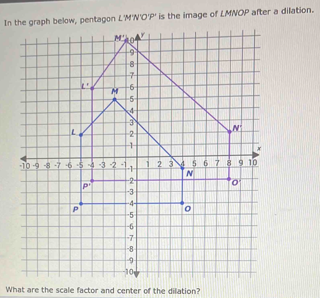 In the graph below, pentagon L'M'N'O'P' is the image of LMNOP after a dilation.
What are the scale factor and center of the dilation?