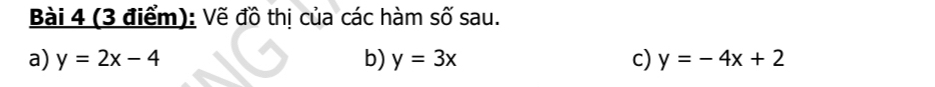 Vẽ đồ thị của các hàm số sau.
a) y=2x-4 b) y=3x c) y=-4x+2